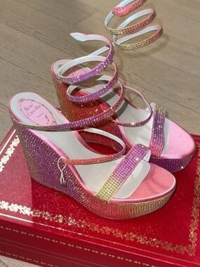 Pink Ombre Crystal Wrap Wedge Sandals - Rene Caovilla